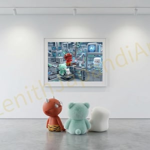 May include: An art gallery interior featuring three plush figures in the foreground: a red demon, a light blue bear, and a white blob. A framed artwork depicting an AI-themed scene hangs on the white wall.