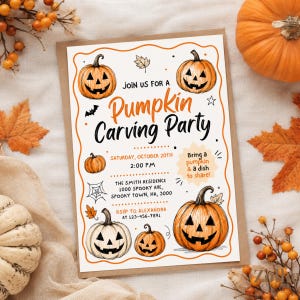May include: A rectangular invitation card for a Pumpkin Carving Party featuring orange jack-o'-lantern illustrations, a spider web, and autumn leaves. The text includes event details, date, time, location, and RSVP information in black and orange.