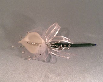 Wedding Guestbook Pen, White Calla Lily Pen, Flower Pen, Rhinestone Pen