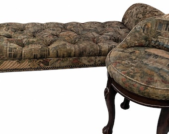 Vintage European Swivel Chair and Rolled Arm Bench Set with Claw Feet.