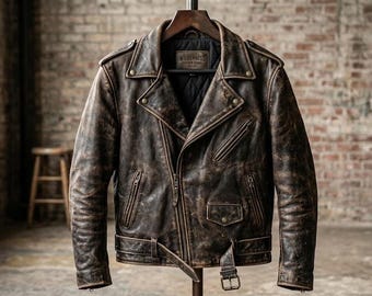 Men's Distressed Genuine Leather Biker Jacket – Vintage Brown Motorcycle Coat Café Racer Style