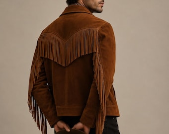 Men's Brown Suede Fringe Jacket, Western Cowboy Style Coat, Handmade Cognac Leather