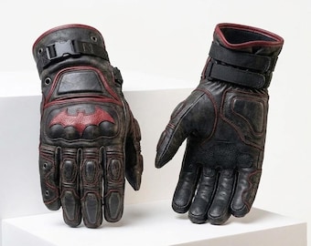 Armored Leather Gauntlets, Red Bat Cosplay Riding Gloves, Distressed Vintage Tactical Gear