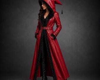 Red Hooded Faux Leather Trench Coat | Black Faux Fur Trim Maxi Jacket