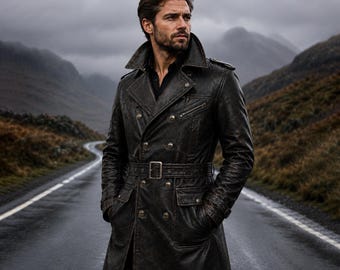 Men's Distressed Black Leather Trench Coat, Vintage Biker Motorcycle Jacket, Double Breasted Gothic Style