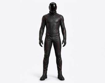 Black Futuristic Superhero Leather Suit | Tactical Cosplay Bodysuit, Red Accents
