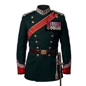 Könnte beinhalten: Eine dunkelgrüne Militäruniformjacke mit hohem Kragen, silberner Stickerei, goldfarbenen Knöpfen, einer roten Schärpe und einer Reihe von Orden auf der Brust. Ein brauner Ledergürtel mit goldener Schnalle und ein silberner Säbel gehören dazu.