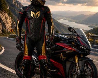 Men's Leather Motorcycle Racing Suit, CE Armored Sport Bike Track Gear