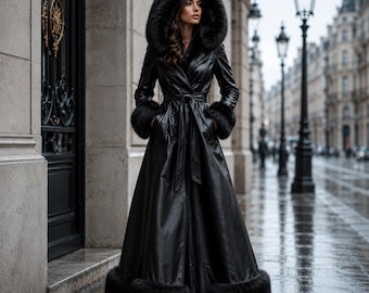 Black Leather Maxi Coat Women | Faux Fur Hooded Double Breasted Winter Coat
