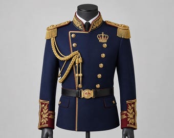 Royal Prince Military Jacket, Navy Blue Officer Uniform with Gold Embroidery, Victorian Hussar Coat