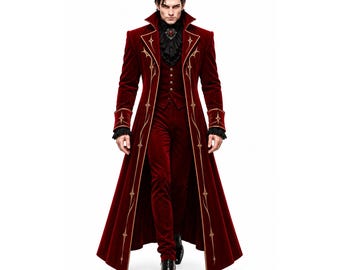 Burgundy Gothic Tailcoat, Long Victorian Coat, Steampunk Vampire Costume