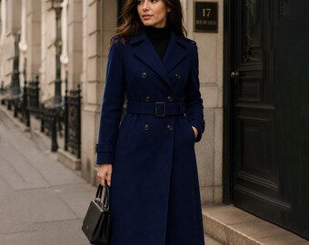 Navy Blue Wool Trench Coat | Double Breasted Belted Overcoat | Women's Winter Jacket