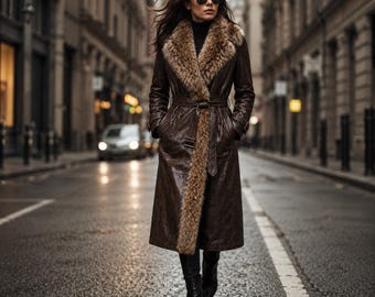 Women's Brown Leather Shearling Coat | Long Fur Lined Winter Jacket
