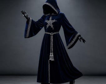 Gothic Hooded Cloak, Dark Wizard Robe, Medieval Fantasy Costume, Occult Cosplay Cape
