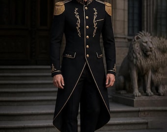 Black Gold Military Tailcoat, Napoleon Officer Jacket, Steampunk Ceremonial Uniform, Custom Handmade Coat