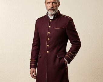 Men's Maroon Military Officer Coat | Victorian Royal Wool Jacket