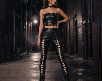 Black Faux Leather Gothic Corset Top & Lace-Up Pants Set | Punk Clubwear Outfit