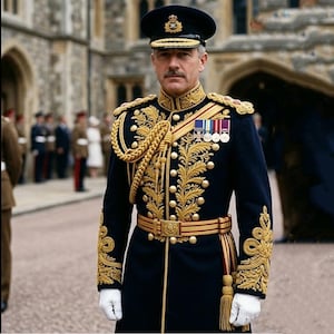 Op de afbeelding: Een donker marineblauw militair ceremonieel uniform met ingewikkeld goud borduurwerk op de kraag, borst en manchetten. Het jasje bevat gouden gevlochten nestels, een bijpassende riem met een gouden gesp, witte handschoenen en een uniformpet.