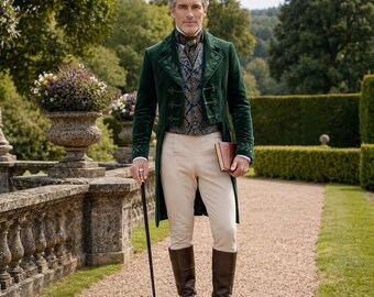 Green Velvet Victorian Tailcoat, Embroidered Gothic Steampunk Jacket
