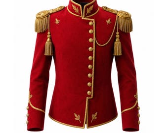 Red Military Officer Coat, Gold Braiding, Epaulettes, Leaf Embroidery