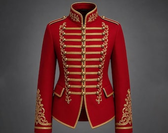 Red Hussar Military Jacket | Gold Embroidered Victorian Prince Coat, Steampunk Uniform