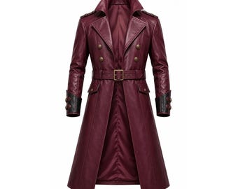 Men's Burgundy Leather Double Breasted Trench Coat, Military Duster Overcoat