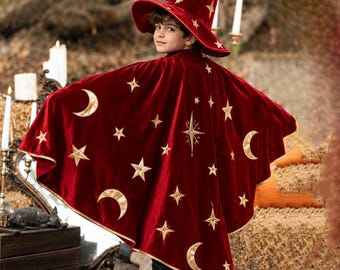 Halloween Wizard Costume Red Velvet Cape, Moon and Stars Witch Hat, Magical Gothic Cloak