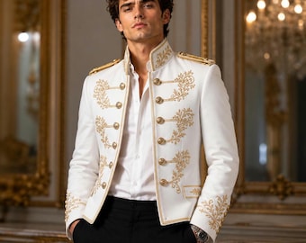 Men's White Royal Military Jacket | Gold Embroidered Wedding Blazer, Formal Uniform