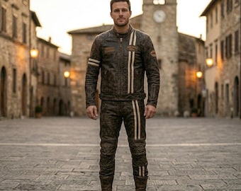 Distressed Leather Motorcycle Suit | Two-Piece Cafe Racer Biker Set