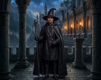 Gothic Hooded Cloak, Black Wizard Cape, Medieval Fantasy Costume (Cosplay, Halloween)
