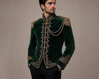 Men's Green Velvet Hussar Military Jacket, Gold Embroidered Steampunk Coat