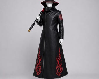 Black Faux Leather Wizard Coat and Witch Hat Set, Gothic Flame Cosplay Costume