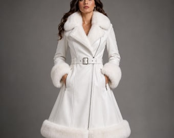 White Leather Fur Trim Coat | Belted Biker Jacket, Gothic Style