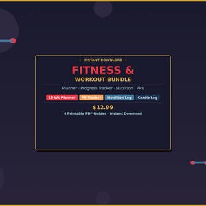 Peut inclure: Un ensemble numérique de fitness et d'entraînement avec un fond bleu foncé et une bordure dorée. Le texte "FITNESS & WORKOUT BUNDLE" est affiché en rouge et blanc. Comprend un planificateur de 12 semaines, un suivi des RP, un journal de nutrition et un journal cardio.