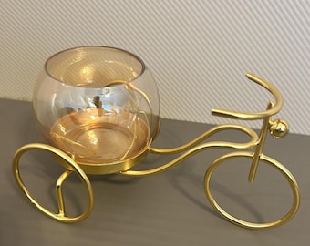 Gold Metal Tricycle Candle Holder with Glass Bowl, Christmas Tea Light Holder, Decorative Vase Stand, Festive Home Decor, Gift Idea