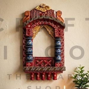Hand-Painted Wooden Jharokha Wall Hanging | Rajasthani Palace Balcony Decor (16 x 9 Inch)
