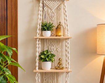 May include: A two-tier macrame wall hanging shelf made of off-white cord with a wooden dowel. The top shelf holds a small green plant in a white pot and a gold metal lantern. The bottom shelf holds a green plant in a white ribbed pot and a gold Buddha figurine.