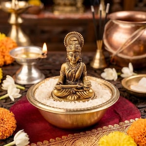 Può includere: Una statuetta color ottone di una divinità seduta che tiene in mano un piccolo cucchiaio e una ciotola, posizionata al centro di una ciotola di ottone poco profonda riempita di chicchi di riso bianco. La figura presenta dettagli intricati.