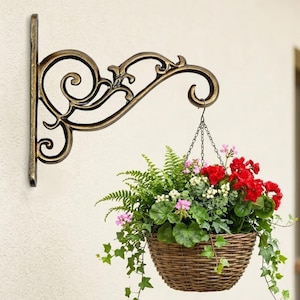 Heavy Duty Metal Wall Hook & Hanging Plant Bracket in Brass Antique. Vintage Hanger for Indoor Outdoor Pots, Lanterns, Chimes