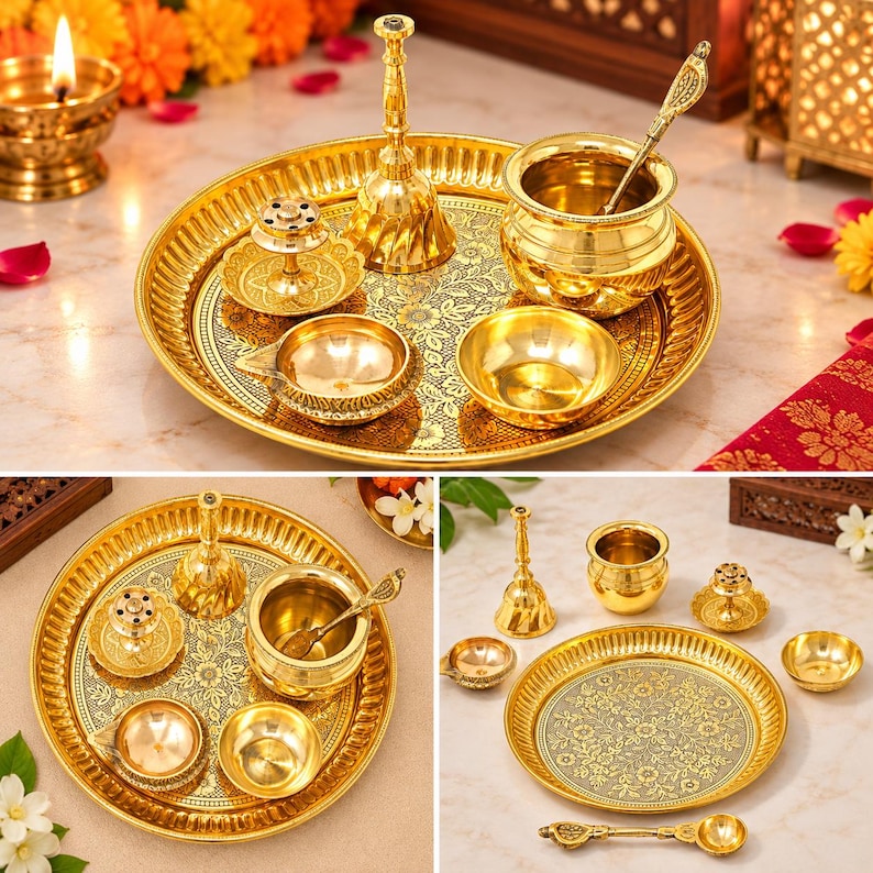 May include: A gold-toned brass puja thali set featuring a round engraved tray, a bell, a small pot with a spoon, an incense holder, and two small bowls. The set includes various ritual items with polished surfaces and intricate floral patterns.