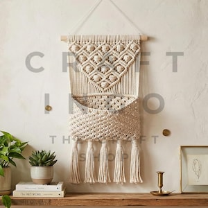 Peut inclure: Suspension murale en macramé crème avec un motif géométrique et une poche. Le décor mural comprend une cheville en bois pour la suspension et de longues franges en bas. Le texte "CRAFT INFO THE SHOP" est visible.