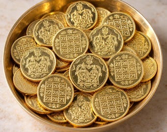 May include: A brass bowl filled with numerous gold-colored coins. Each coin features an embossed image of two seated figures and a three-by-three grid containing the numbers 20, 21, 22, 23, 24, 25, 26, 27, and 28 in various arrangements.