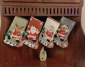 Christmas Stockings Set of 4, 10 Inch Linen Xmas Stockings, Santa Reindeer Snowman Bear Hanging Decorations, Holiday Fireplace Mantel Decor
