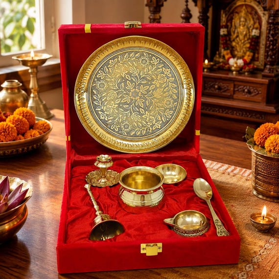 Pure Brass Pooja Thali Set with Red Gift Box, 6 Inch Small Mandir Puja Plate with Accessories for Diwali Worship and Wedding Gifts