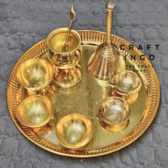 Brass Pooja Thali Set 8 Inch Puja Plate with Kalash Kuber Deep and Accessories for Diwali Mandir Worship and Wedding Return Gifts