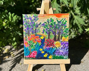 Pollitos nadando – Mini pintura texturizada original de 3x3