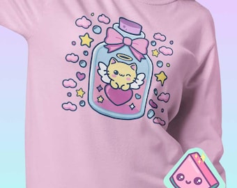 Kawaii Long Sleeve Shirt, Angel Cat Graphic Tee, Pastel Kitty Top for Cat Lovers