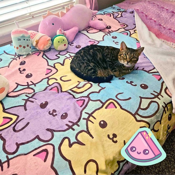 Kawaii Cat Blanket, 50x60 Pastel Kitty Plush Throw, Soft Fairy Kei Velveteen Fleece Blanket, Cute Cozy Bedroom Decor Gift for Cat Lovers
