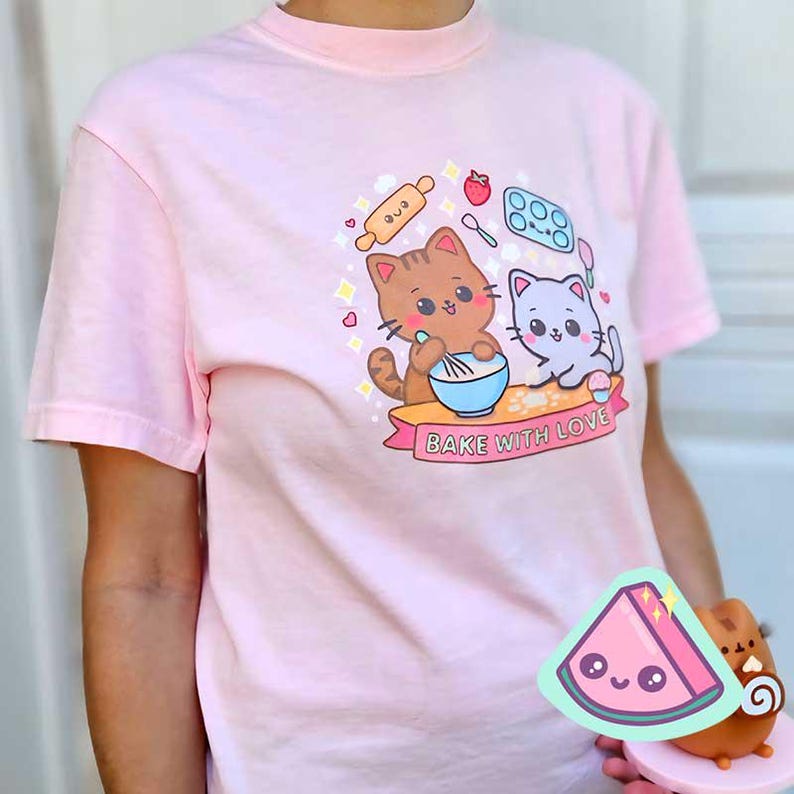Kawaii pastel cat tee in Comfort Colors blossom pink with cute cats graphic