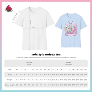 Unisex softstyle tee size chart showing width and length measurements in inches and centimeters.